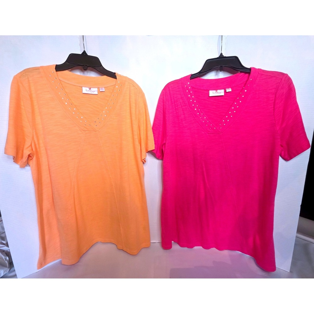 Quacker Factory Womens V-Neck Rhinestone Slub Knit Tops Pink Orange Lot of 2 M